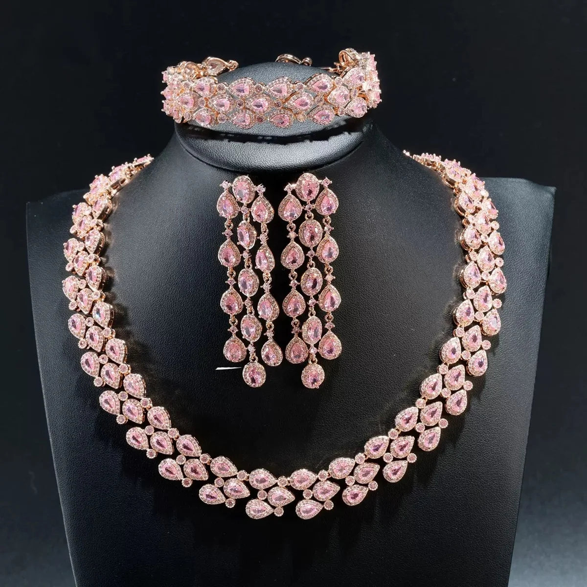 Bella Viva Elegant Pink Teardrop Cubic Zirconia Necklace & Bracelet and Earring 3pcs Jewelry Sets, for Wedding & Formal Events