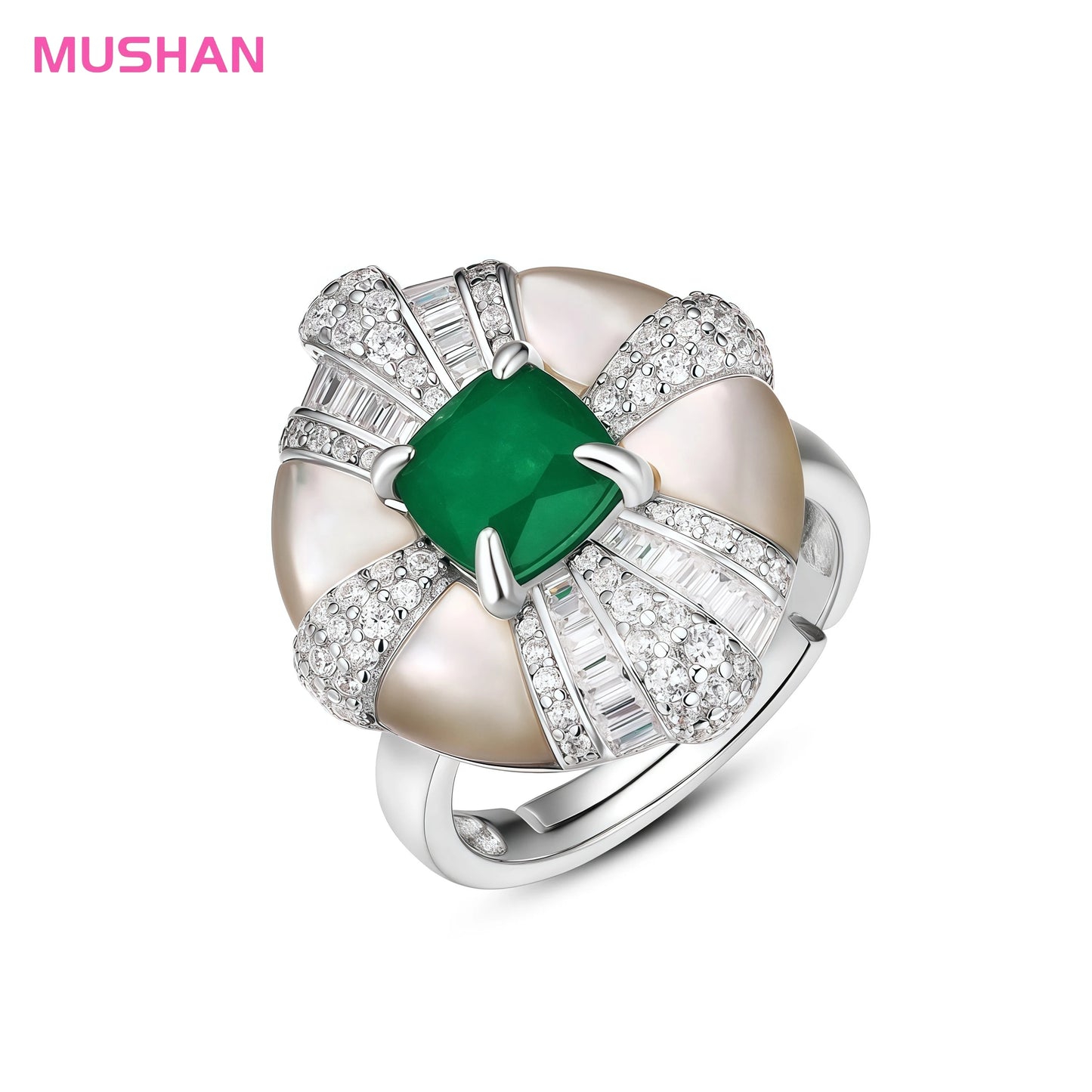 MUSHAN High Carbon Diamond 925 Sterling Silver Ring Rhodium Plated Women's Green Shell Jewelry with Synthetic Gemstones