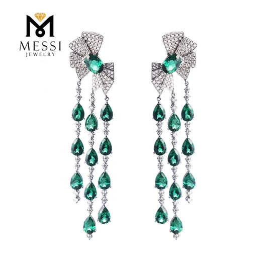 Gemfiori Messi Jewelry butterfly Knot Drop Earring With Tear Shape Emerald Tassel Earring Woman Luxury Wedding Emerald Jewelry