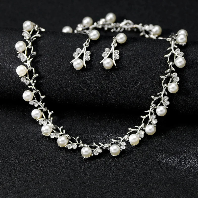 RFJEWEL Bridal Jewelry Necklace Earrings Bracelet Set Plated for Wedding Dress Gold with Pearl Stone Cheap Price Luxury Romantic