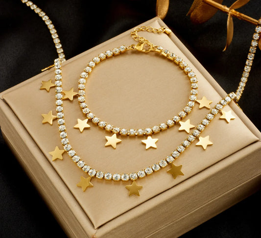 Gold Crystal Rhinestone Heart Necklace & Bracelet Jewellery Set | Sparkling Luxury Set