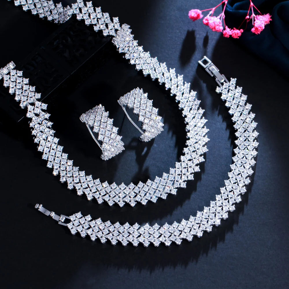 3 Pcs Expensive Shiny Round White Cubic Zircon Crystal Big Wide Luxury Bridal Wedding Jewelry Sets for Women Present Accessories