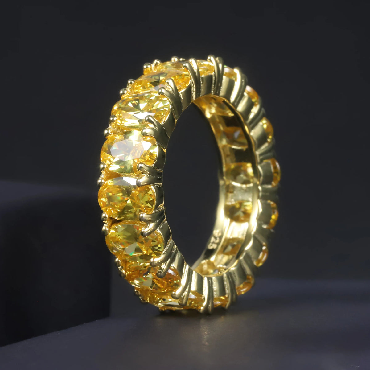 Gemfiori C7530 Abiding Oval 4*6MM Colored Gemstone Eternity Band Glass Blue Sapphire Emerald Cubic Zirconia 925 Silver Band Ring