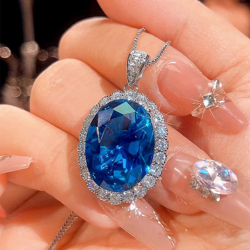 Gemfiori New European and American Luxury Set with Inlaid Blue Zircon Ring Earring Pendant High-end and Exquisite Three Piece Jewelry Set