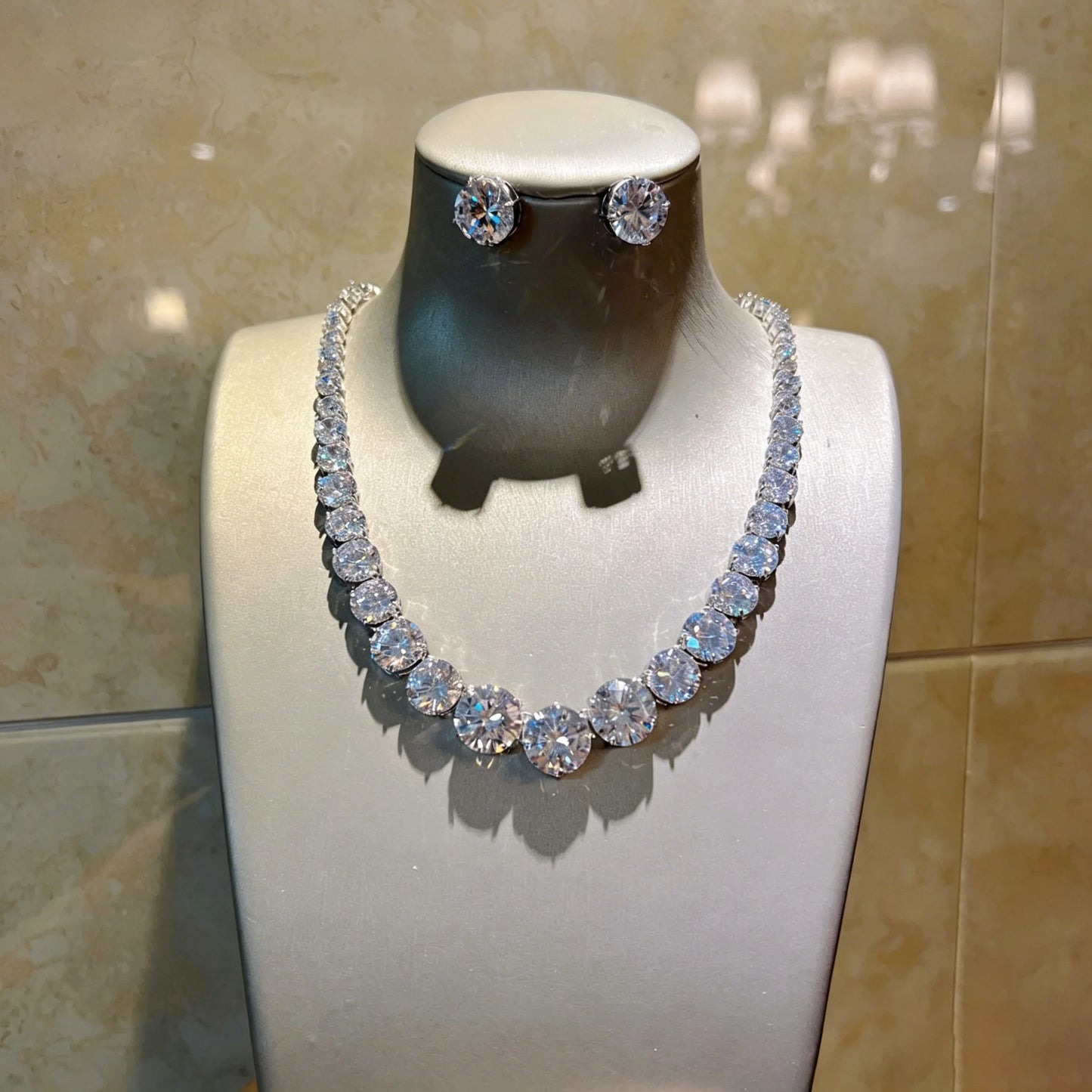 XM S415 Silver Plated Large Round CZ Tennis Choker Necklace & Two-Stone Drop Earrings Set