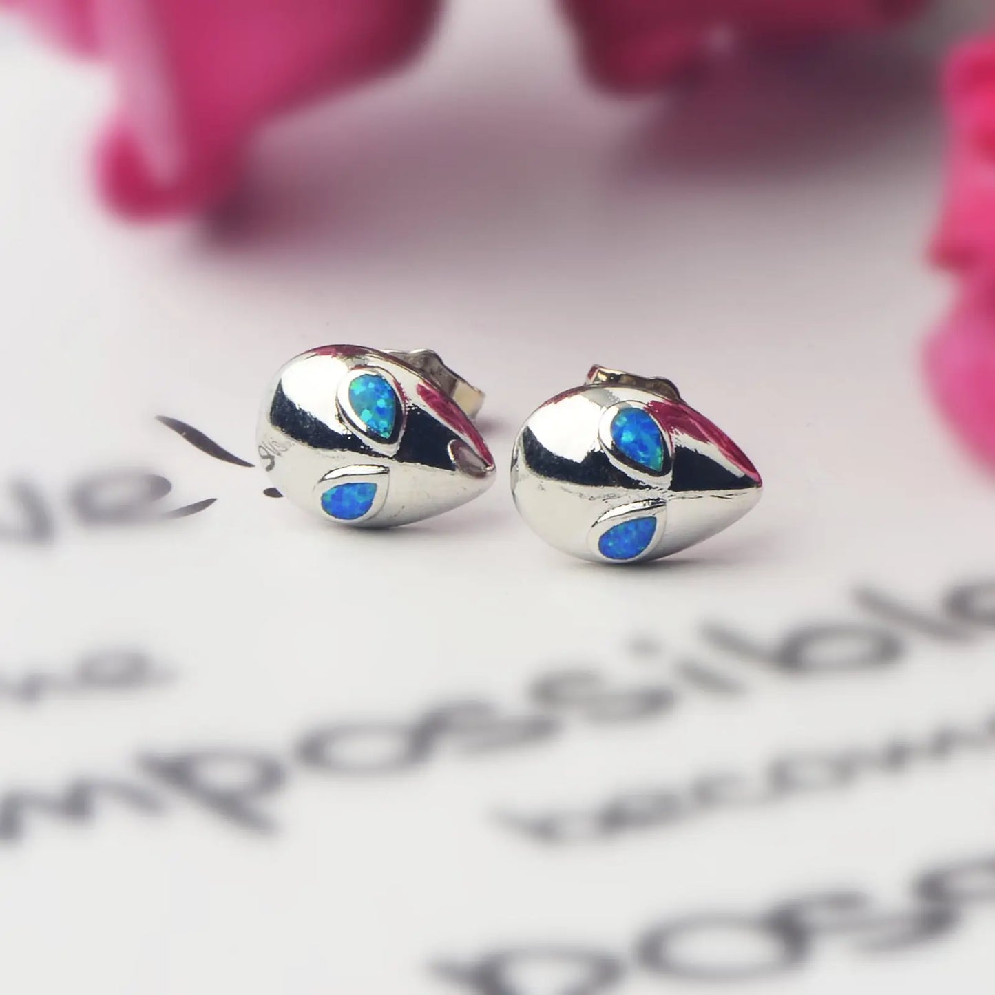 Whimsical Alien Opal Stud Earrings - Blue Fire Opal Eye Detail Design | Playful Daily Jewelry Bulk Gifts