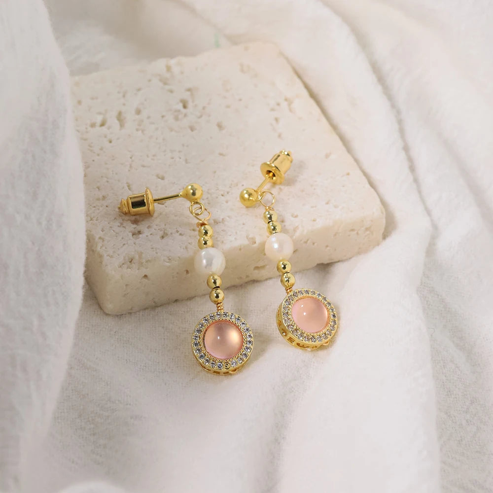 Natural Freshwater Pearl Inlaid Pink Crystal Gold Bead Earrings Korean Style Women Luxury Jewelry Fashion Ladies Gift GE1548