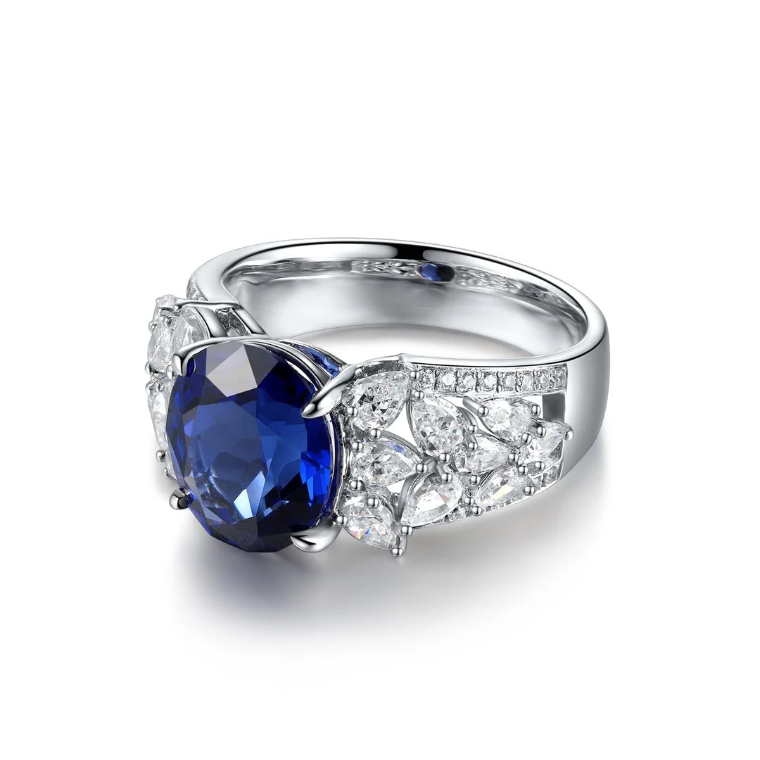 Gemfiori Custom 925 Sterling Silver 5CT Rhodium Plating Oval Diamond Prong Setting Lab Grown Sapphire Classic Wedding Engagement Ring for