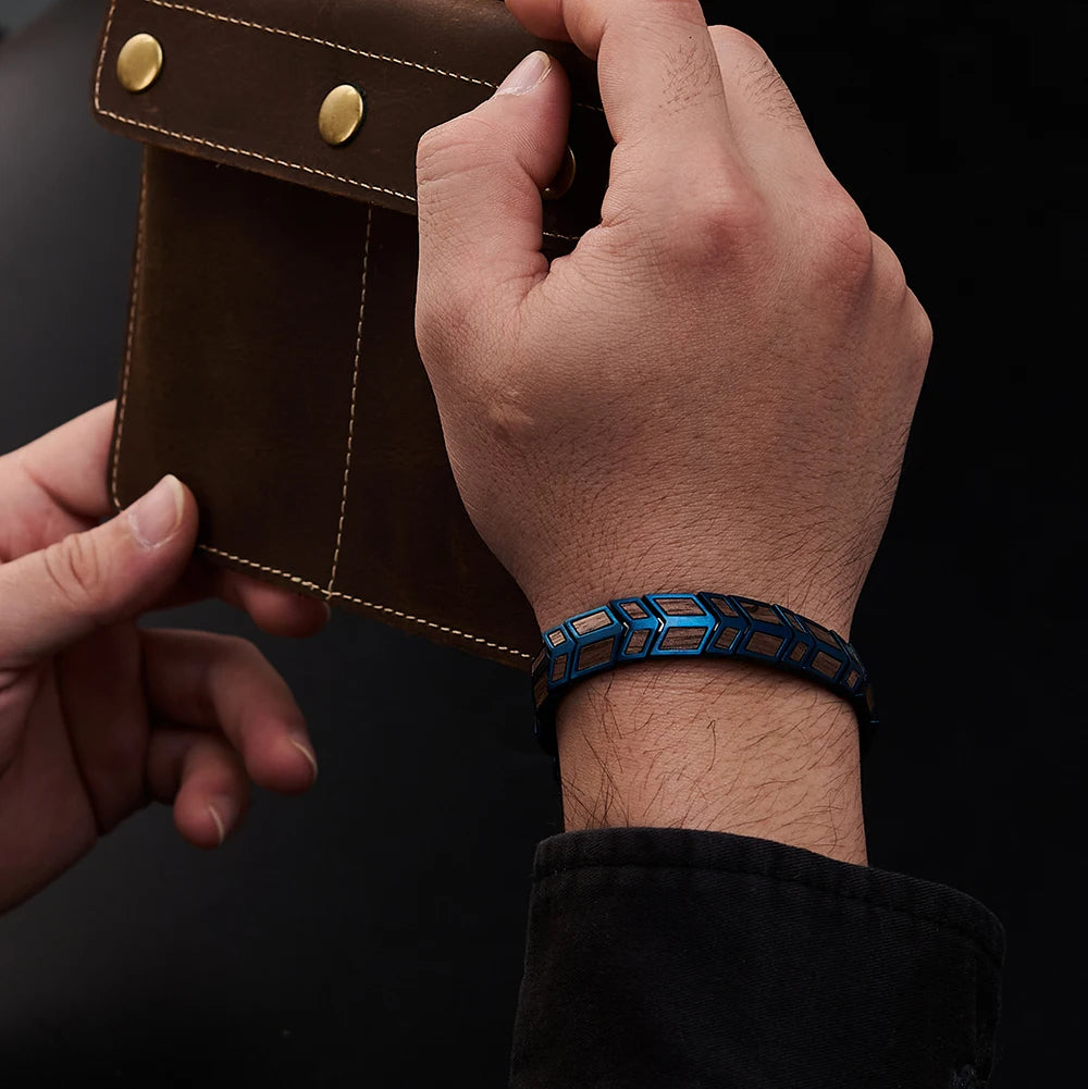 REBEL Blue Stainless Steel and Walnut Wood Skeleton Bracelet Classic Style for Men and Women for Anniversary Occasions