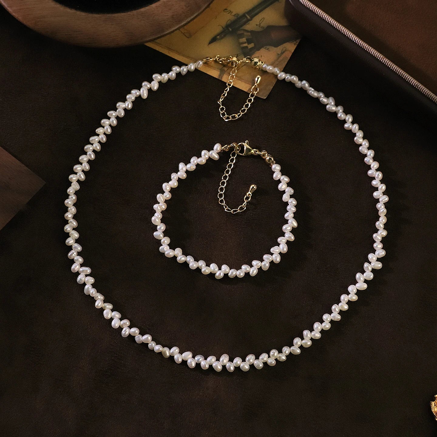 GLSEEVO Natural Freshwater Pearl Dainty Minimalist Necklace, Earrings & Bracelet Set — Bridal & Bridesmaid Gift