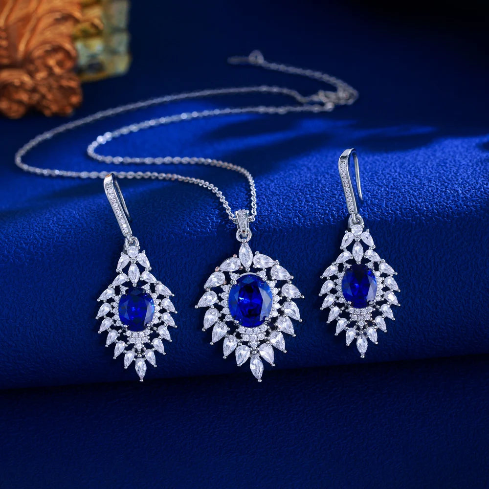 Fashion Royal Blue Cubic Zircon Elegant Necklace and Earrings Bridal Wedding Party Pendant Jewelry Set for Women Jewellery