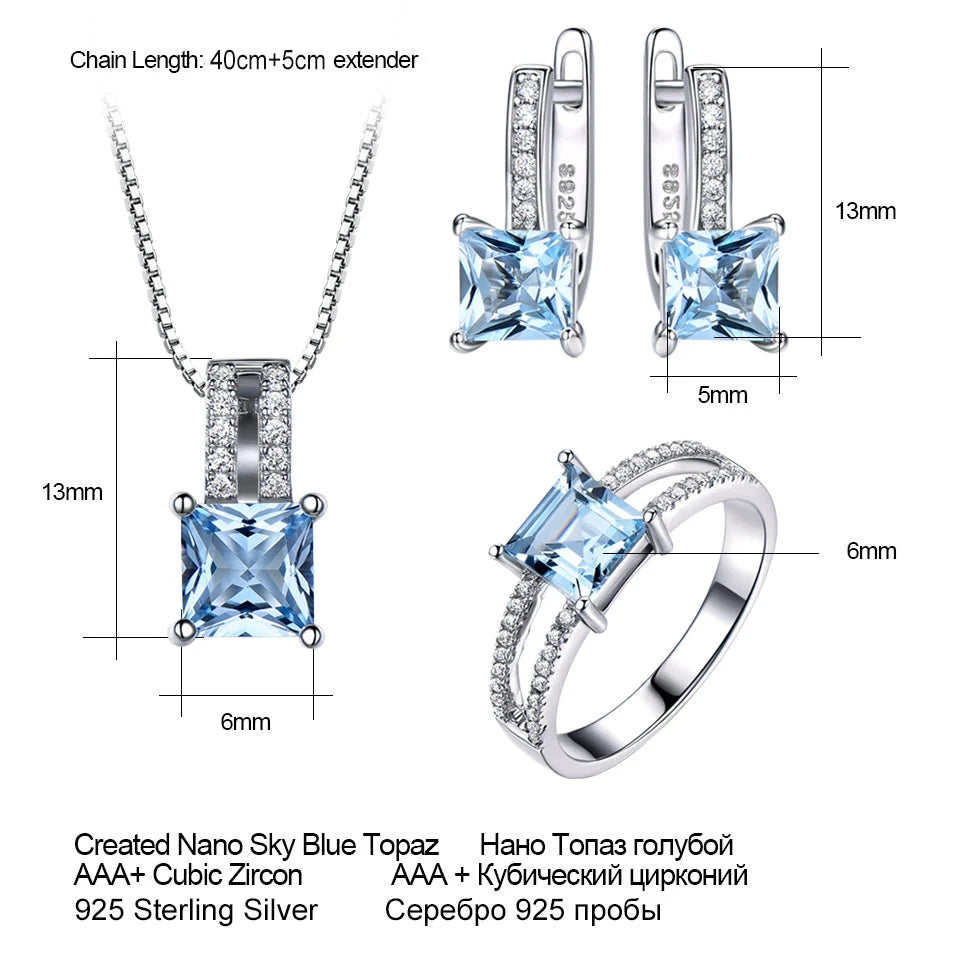 S&S Nano Sky Blue Topaz 925 Silver Jewellery Set | Ring, Pendant Necklace & Stud Earrings | S&S Collection