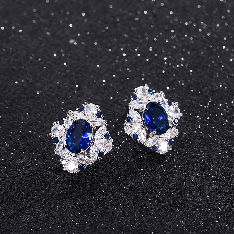 Delicate Eco-friendly Copper Dainty Floral Design Necklace Earrings Ring 3PCS Set 10*12/6*8mm Blue Zircon Flower Jewelry Set