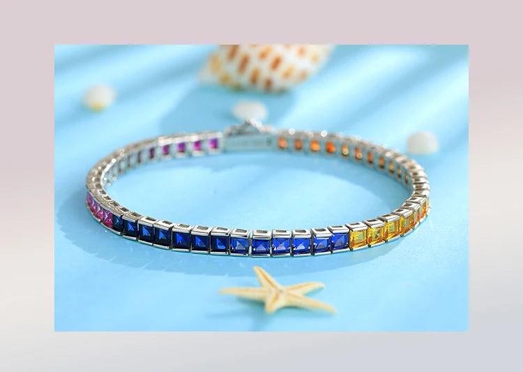 Gemfiori Anster Luxurious Rainbow Bracelets Bangle Multi Color Gemstone Bracelet 925 Sterling Silver Lab Grown Sapphire Chain for Women