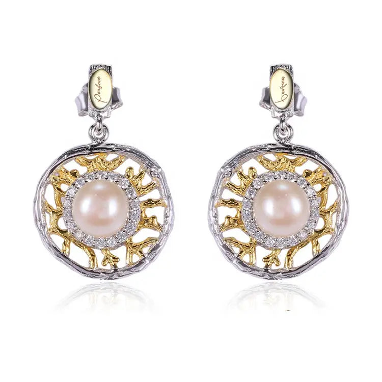 Round Dangle Freshwater Pearl 925 Sterling Silver Fashion With White Zircon Gold Plated Women's Pearl Earring