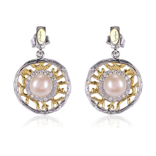 Round Dangle Freshwater Pearl 925 Sterling Silver Fashion With White Zircon Gold Plated Women's Pearl Earring