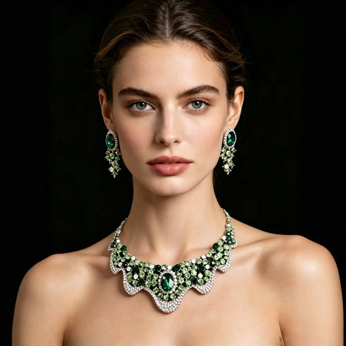 Luxury Emerald Green Crystal & Pearl Floral Statement Necklace & Drop Earrings Bridal Set — Silver Plated