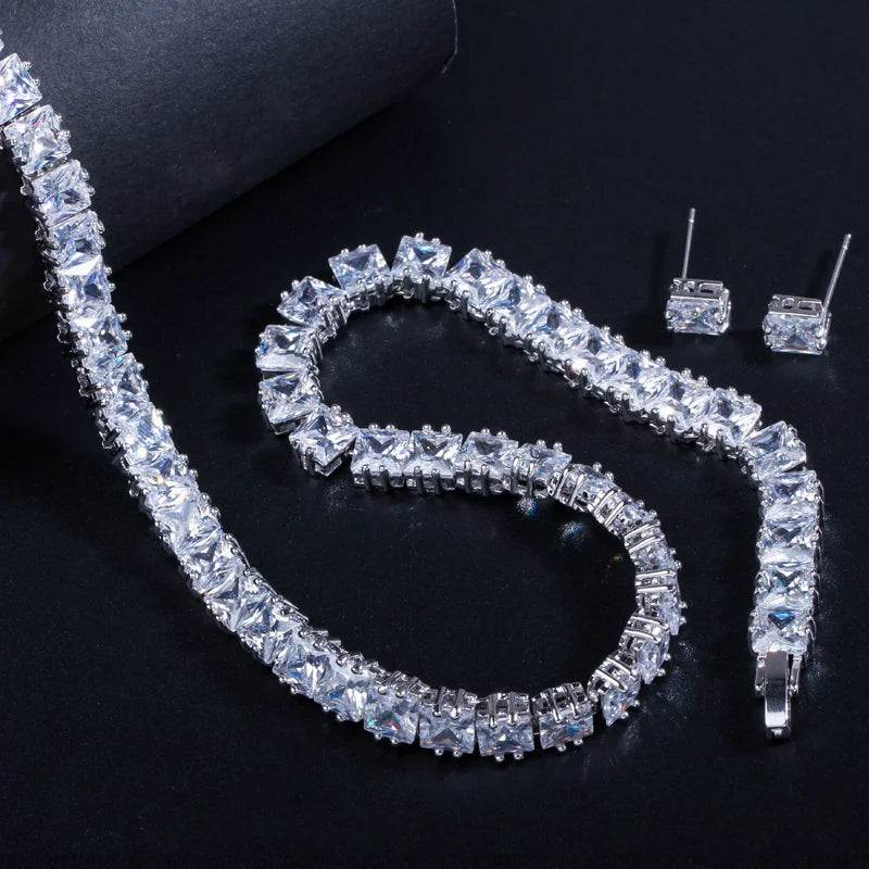 Super Shiny Square Cubic Zirconia Chain Link Tennis Necklace and Stud Earrings Jewelry Set for Women Man Party