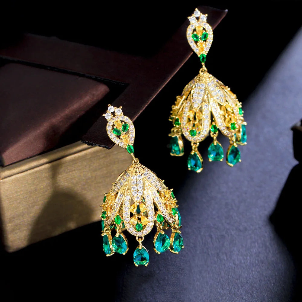 Indian Gold Plated Jhumka Jewelry Big Traditional Pave Green CZ Cubic Zirconia Drop Tassel Earrings for Women Evening Party Wear