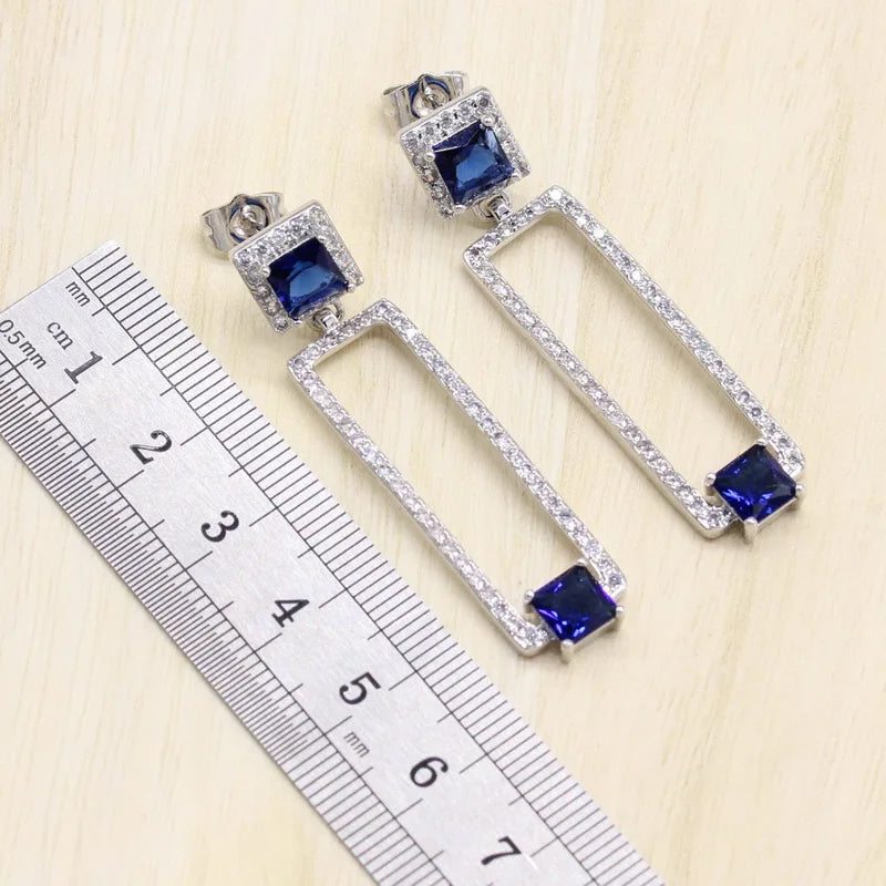 XOTICA Geometric Blue Stones White Gold Plated Jewelry Set for Women Bracelet Long Earrings Ring Necklace Pendant