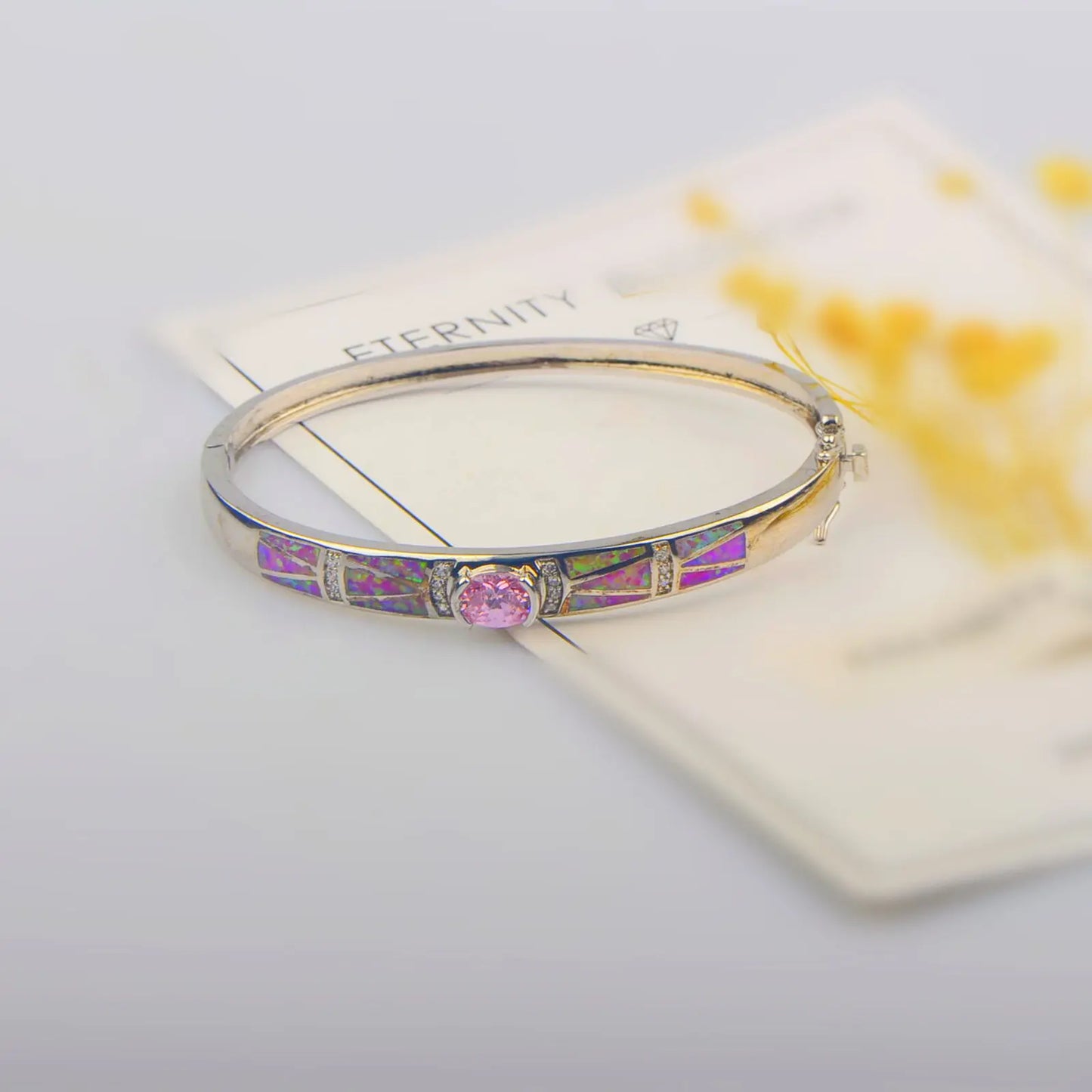 pink  Opal Bangle Aobao Geometric Inlaid Silver Tone Fashion Jewelry