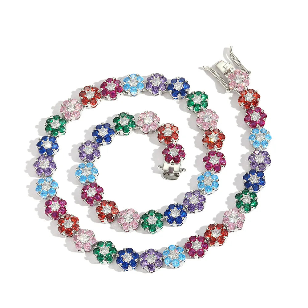 Fashion Colorful Flower Charm Zircon Rainbow Tennis Necklace  for Women Luxury Bling Jewelry Gemstone Necklace