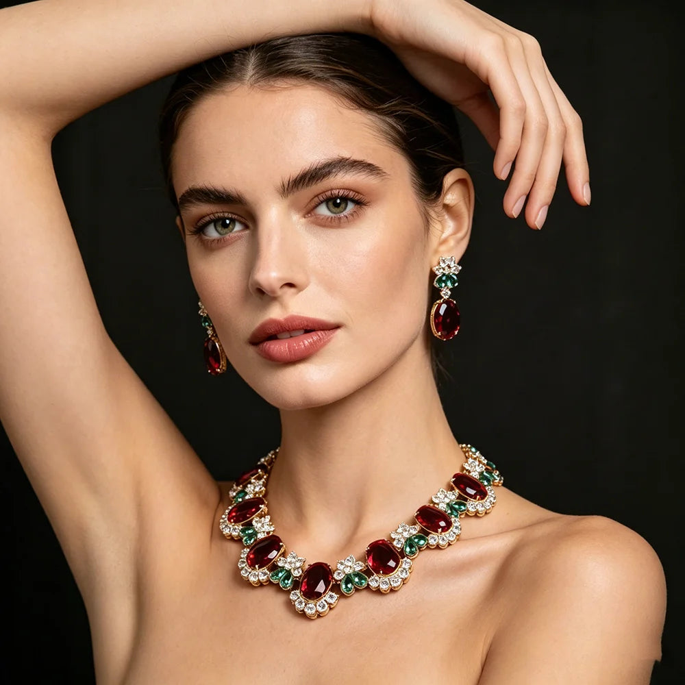 XM S313 Oval Cut Zircon Floral Statement Necklace & Earrings Set