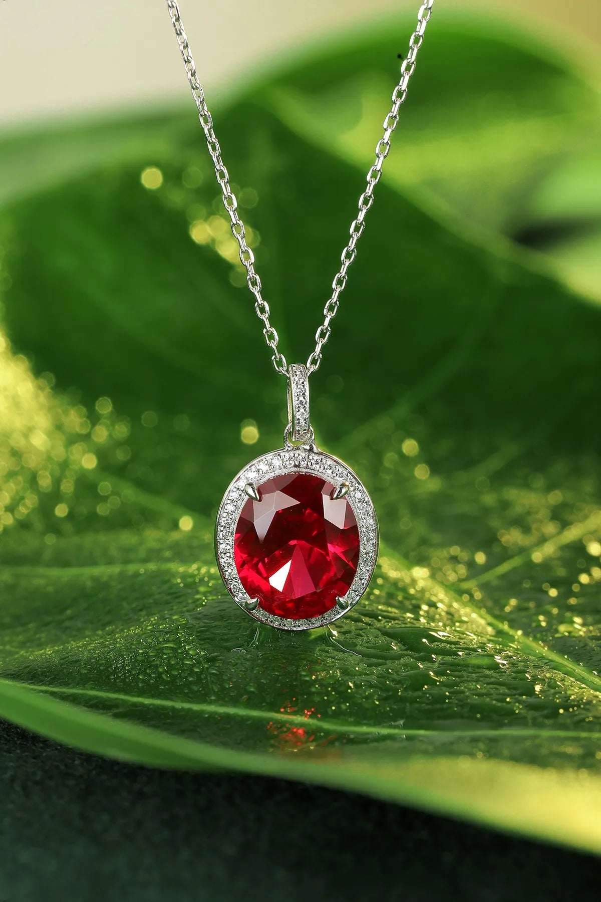 Gemfiori Customizable 925 Sterling Silver 3.38ct Oval Cut Lab Grown Ruby Link Chain Pendant 3.38ct Necklace Jewelry Weddings Engagements