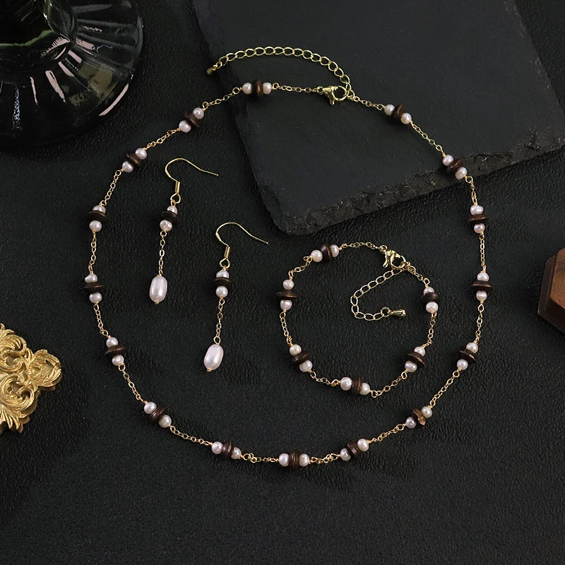 Natural Freshwater Pearl Tiger Eye Jewelry Set for Women Daily Wear Dating Necklace Bracelet Earrings Set