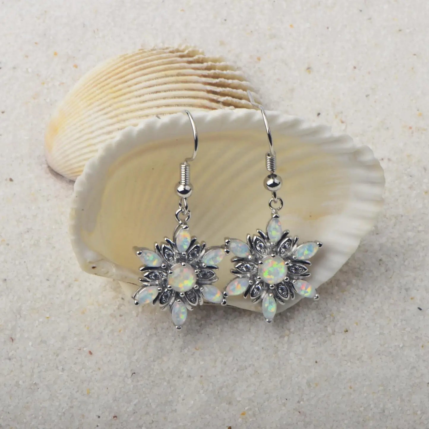 Trendy Ocean Blue Opal Flower Pendant Earrings-Hawaiian Wave-Inspired Brass Dainty Jewelry for Women Gift