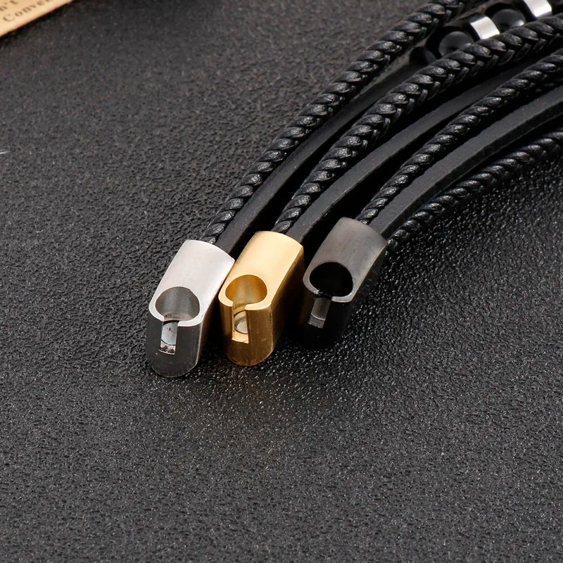 KALEN Men Casual 210mm Braided Leather Bracelet With Stainless Steel Beads