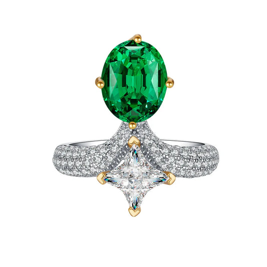Silverelli | 925 Silver Oval Ice Flower Cut Emerald Ring | Platinum Plated | Pave Setting