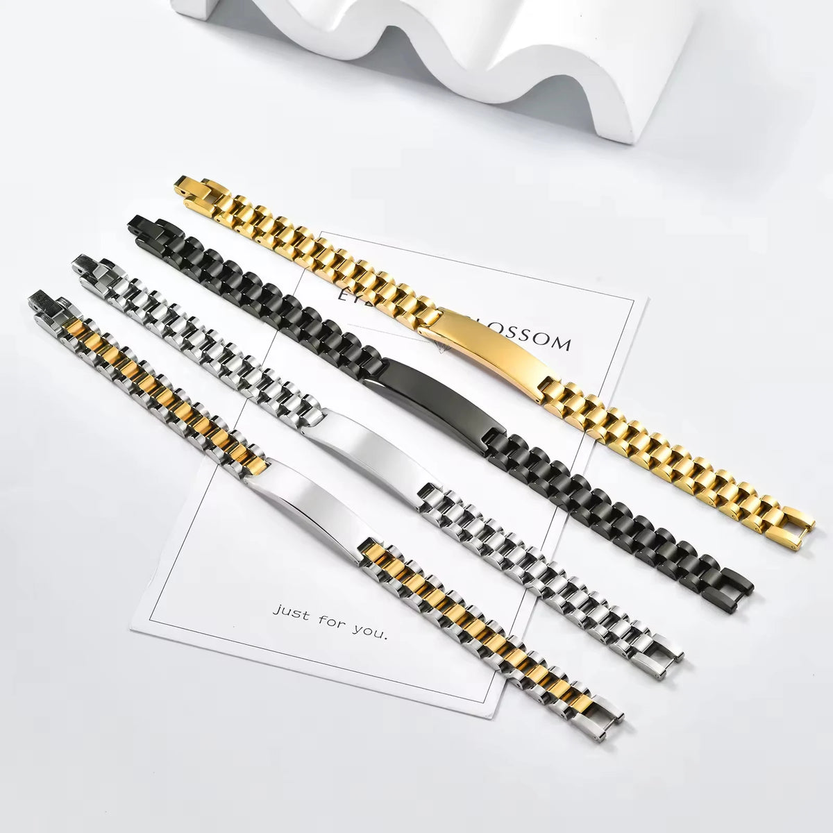 REBEL Fashionable Titanium Steel Black Gold Bent Brand Unisex Customized Stainless Steel Bracelet