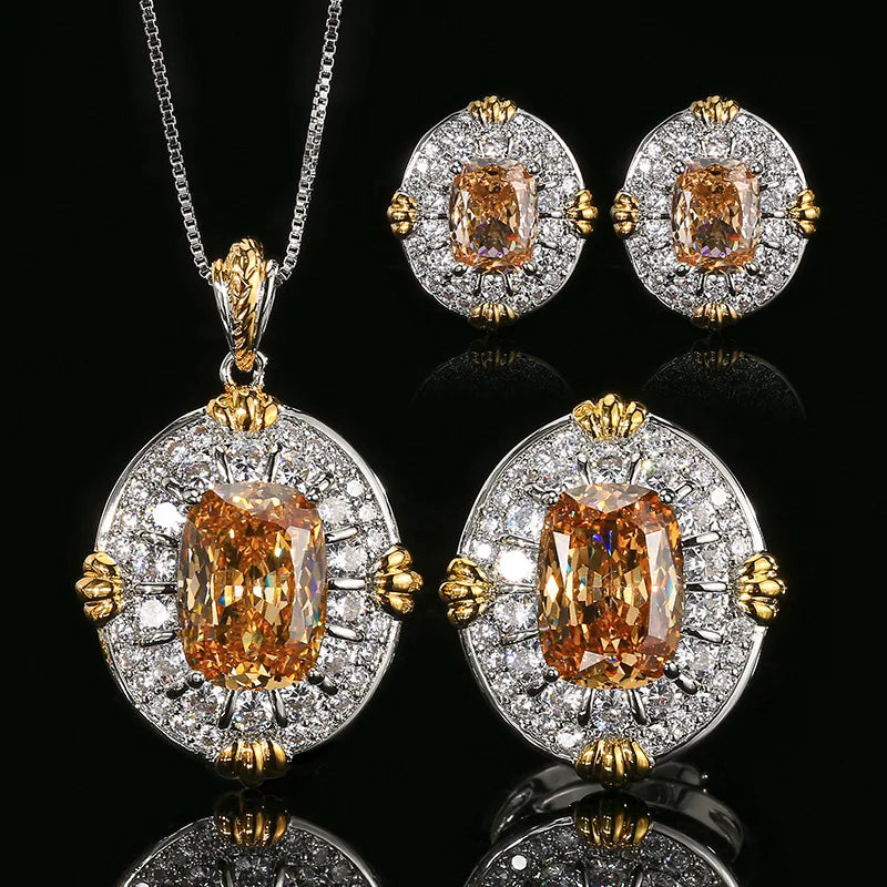 REDheart Fashion Gold Champagne Flower Zircon Open Ring Set Rhodium/Gold/18K Gold Plated Two-Color Necklace Pendant