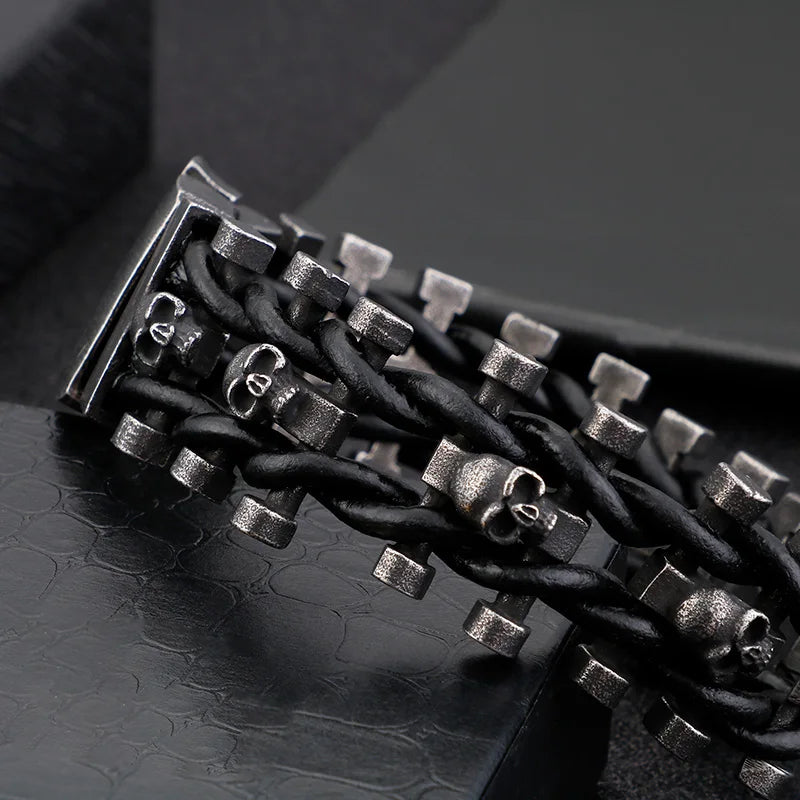 VIKING Mens Punk Skull Skeleton Link Bracelet – Oxidized Stainless Steel