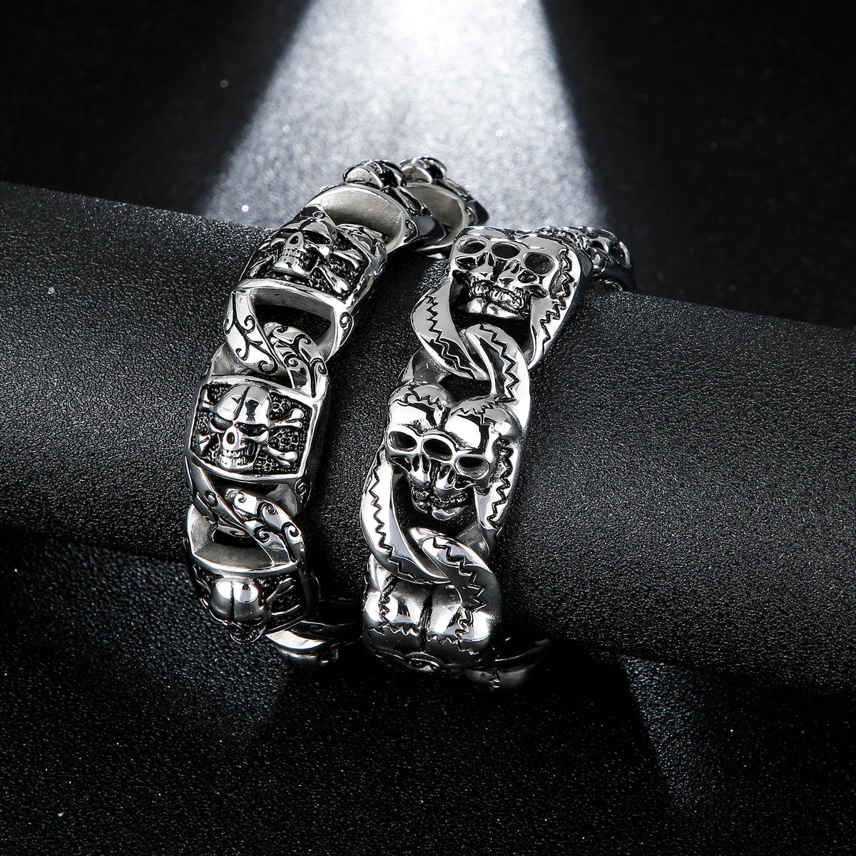 VIKING Mens Punk Skeleton Chunky Cuban Chain Link Bracelet – Silver Stainless Steel
