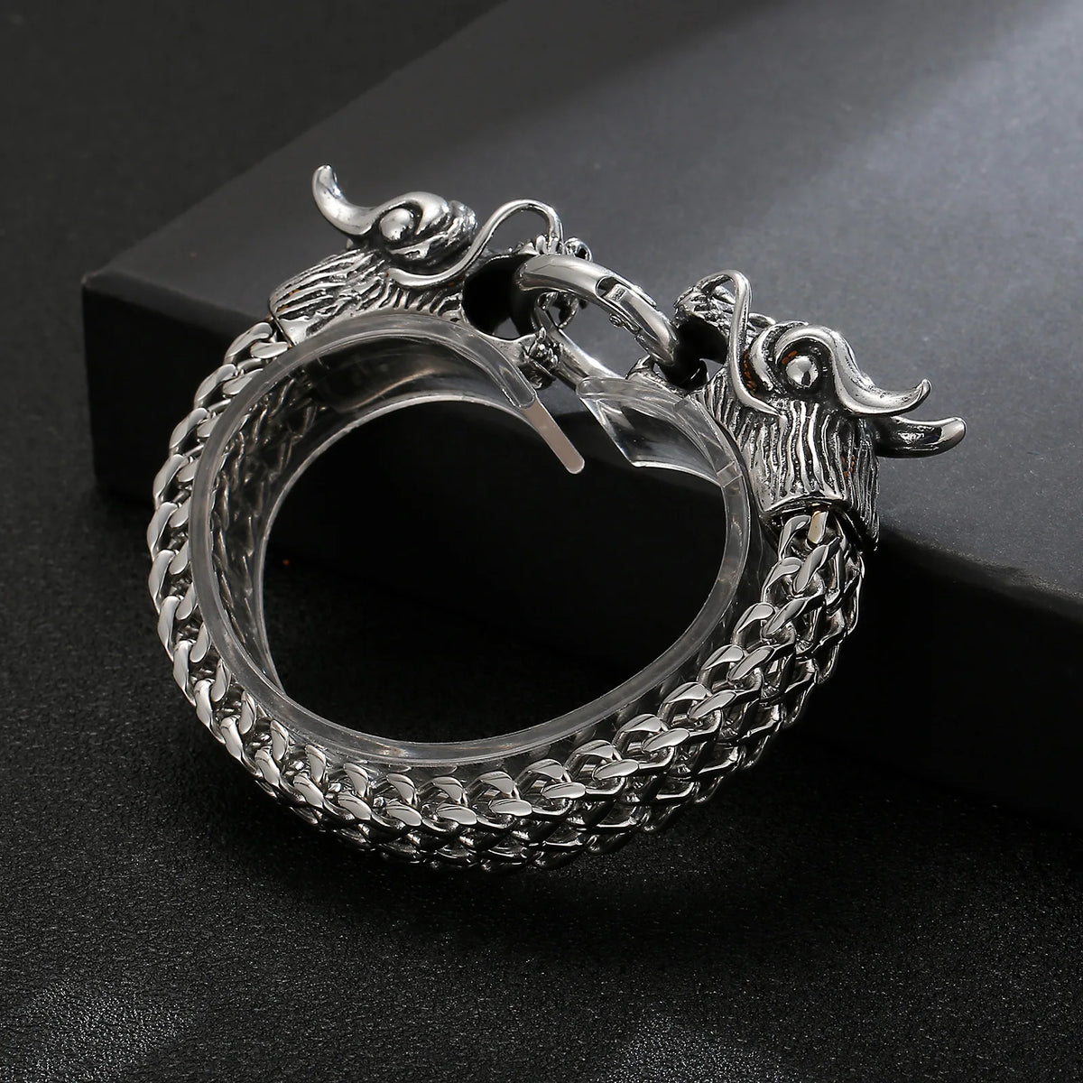 VIKING Double Dragon Multi-Layer Charm Bracelet – 316L Stainless Steel Men's Wide Silver Bangle