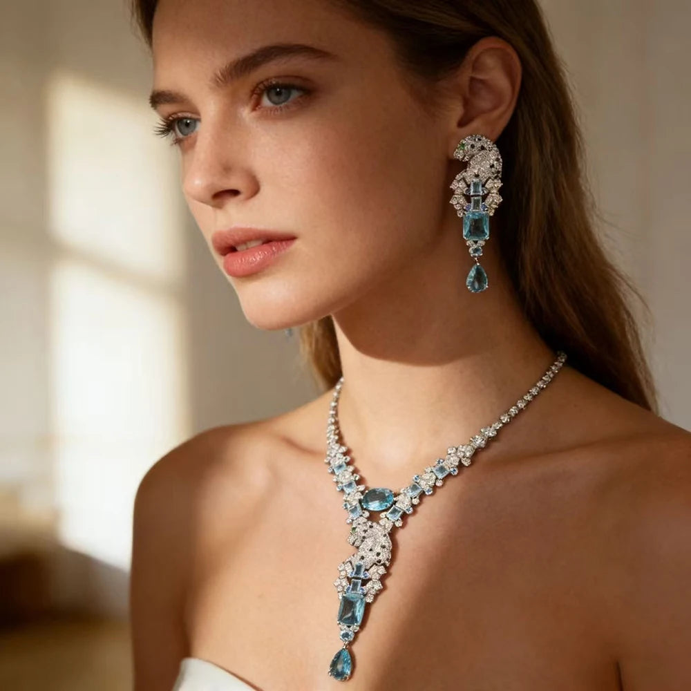 XM S36 Luxury Blue Zircon Brass Jewelry Set Silver Plated Necklace Drop Earrings Women Bridal Wedding Party Prom Jewelry