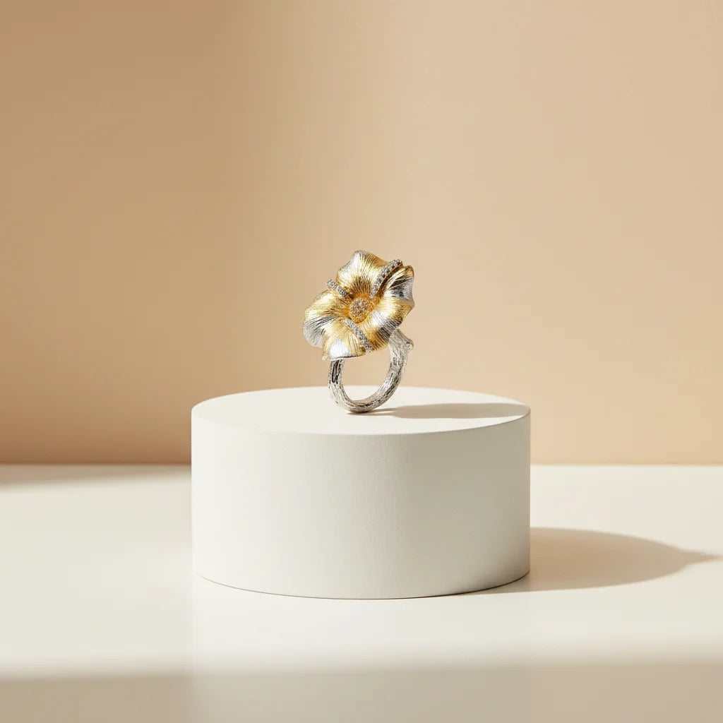 Fashion Big Flower 925 Sterling Silver Gold Plated Store Jewelry Ring