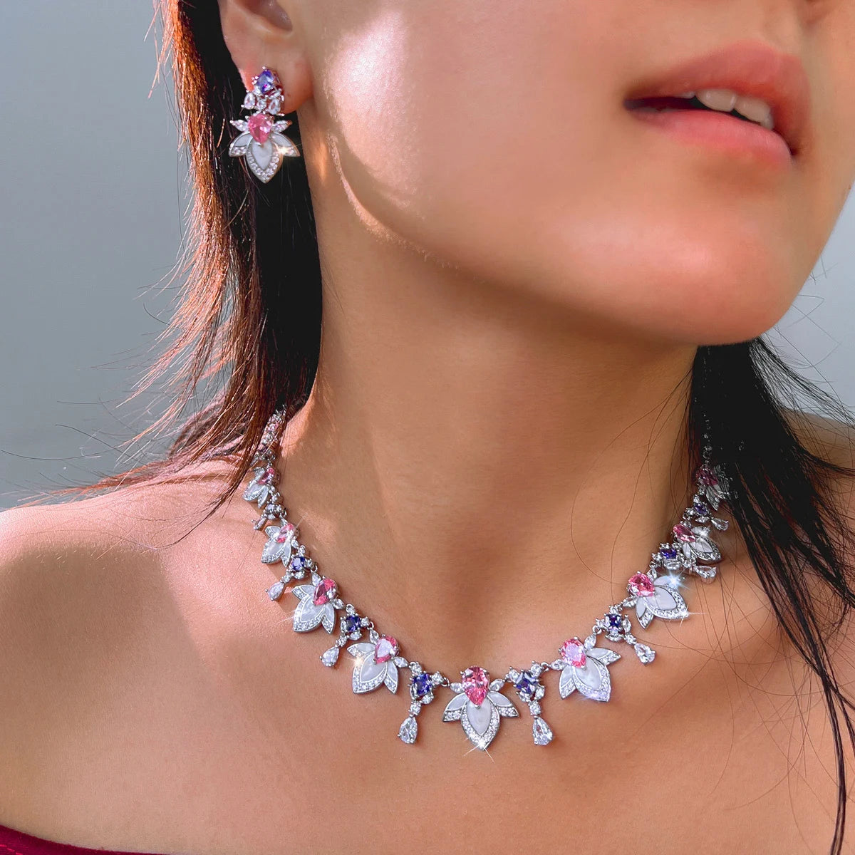 Rhodium Plated Purple Pink Drop Necklace Earrings CZ Long Leaf Enamel Necklace Earrings for Women Fiancee Engagement Jewelry Set