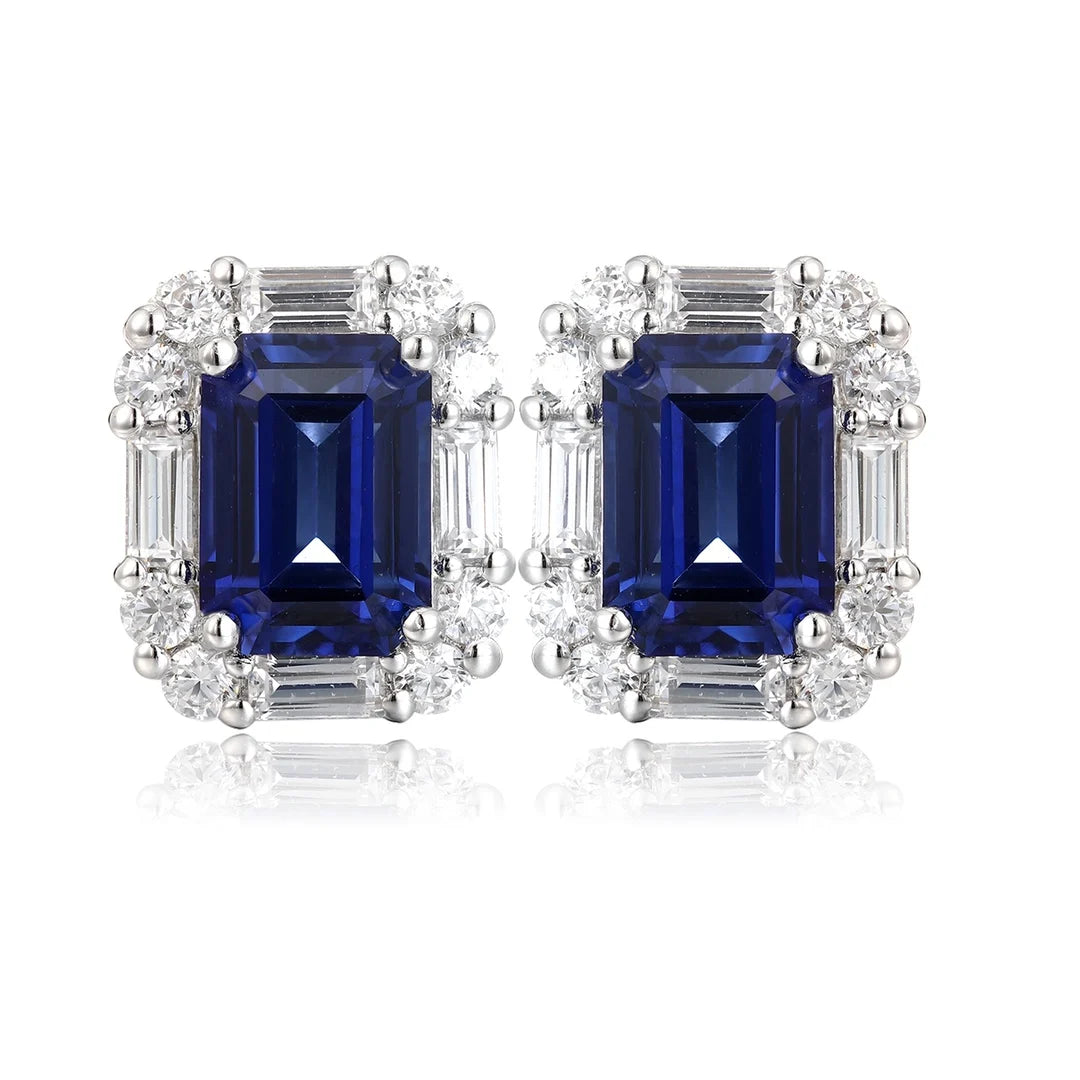 ArtistA S925 Silver Lab Grown Color Gemstone Paraiba Ruby Sapphire Stud Earrings Round White Lab Grown diamond Side Stones Luxurious