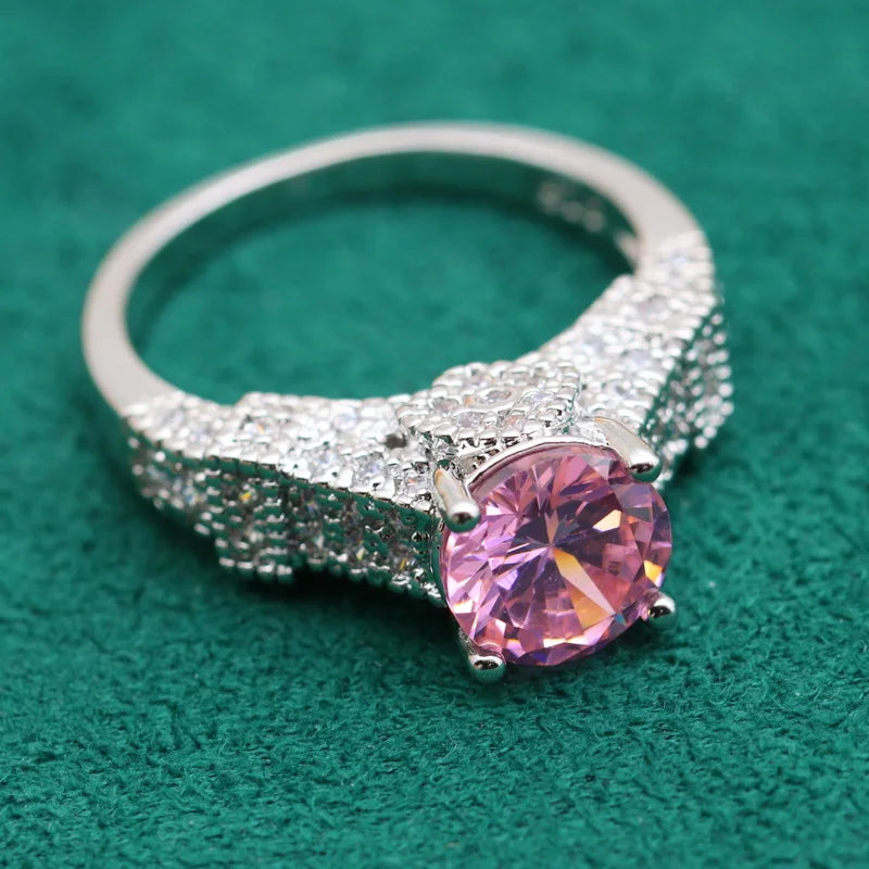 Classic Pink Zircon Silver Jewelry Ring Customizable Ladies Wedding Party Gift for Engagement