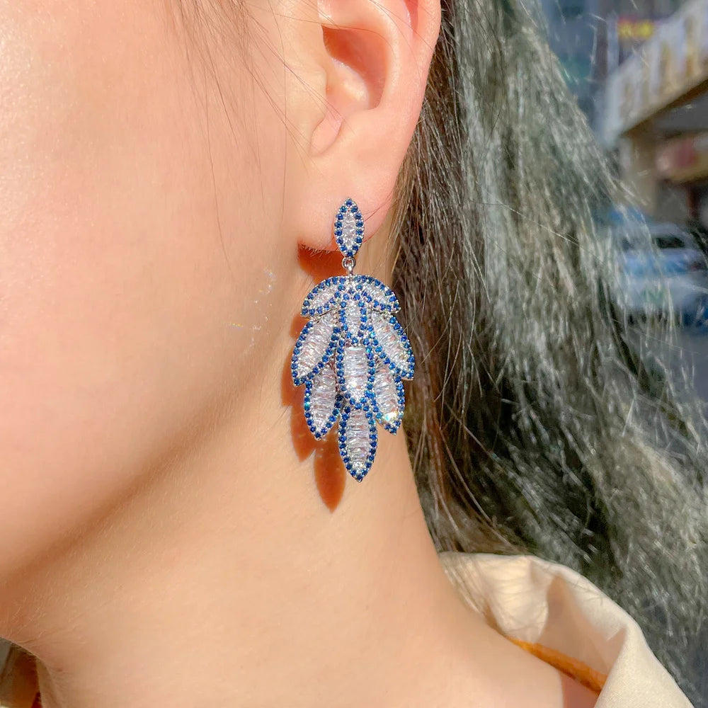 S&S Blue CZ Feather Leaf Full Pavé Dangle Earrings – 925 Silver Pin – Rhodium Plated – Collection