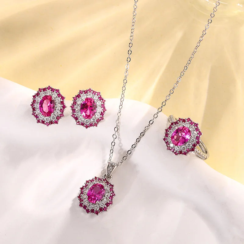 High End Eco-friendly Copper 6*8mm Red Zircon Oval Cut Romantic Bridal Jewelry Set Two Tone Wedding Ring Necklace Earrings Set