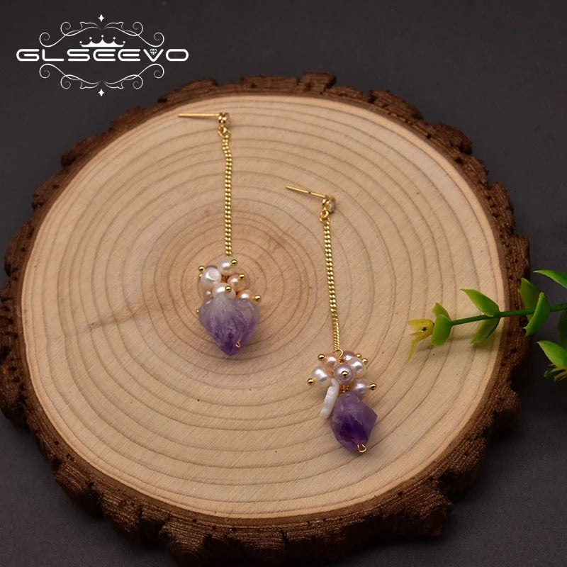 Natural Freshwater Pearl Long Dangle Earrings for Woman Wedding Amethyst 925 Silver Shell Flower Korean Jewelry