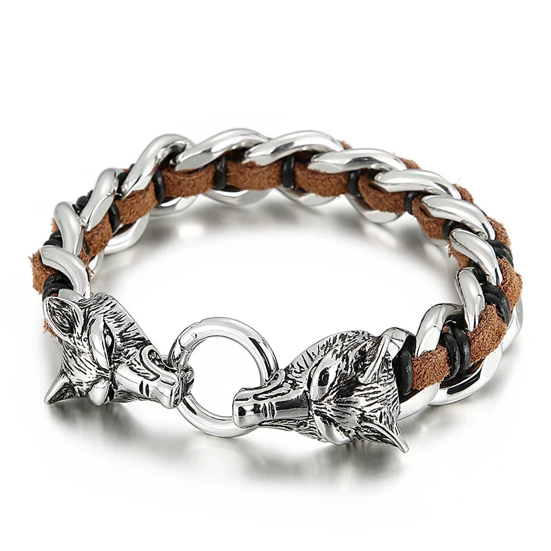 REBEL Fashion Mens Fashion Punk Stainless Steel Leather Dragon/Wolf Link Chain Bracelet