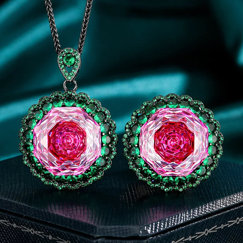 Gemfiori Exquisite Personalized Luxury Jewelry Set Green Zircon Temperament Banquet Ring High-end Feeling Collarbone Chain