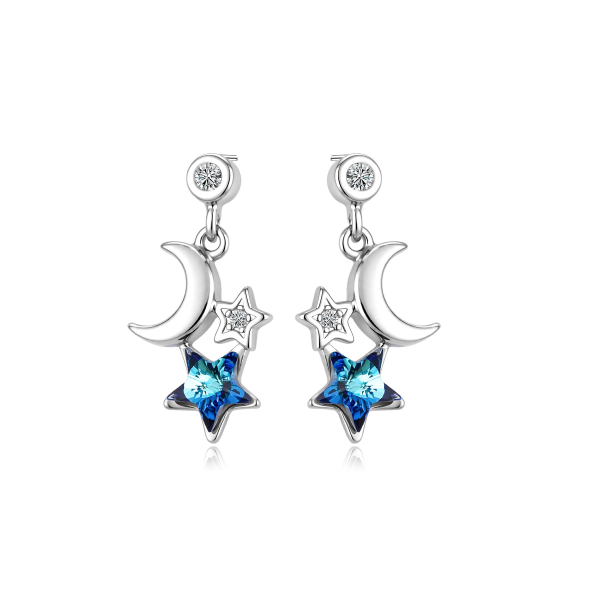 ArtistA Romantic 925 Sterling Silver Blue Star Crescent Moon Jewelry Set Austrian Crystal Drop Earrings Necklace for Women Birthday Gift