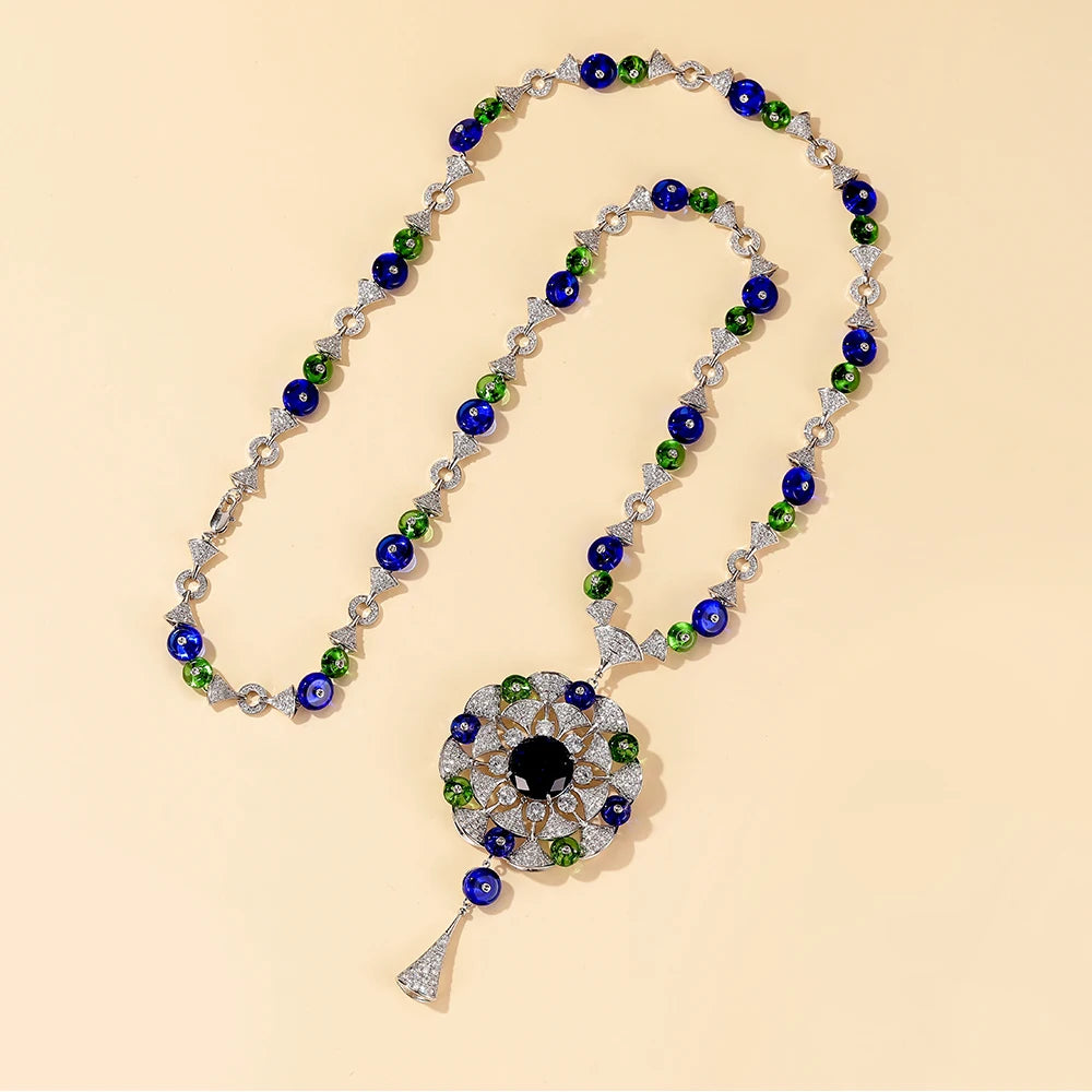 High End Pendant Blue-green Round Bead Long Necklace  Earring Set Brass Zirconia Wholesale  Factory Direct Sales