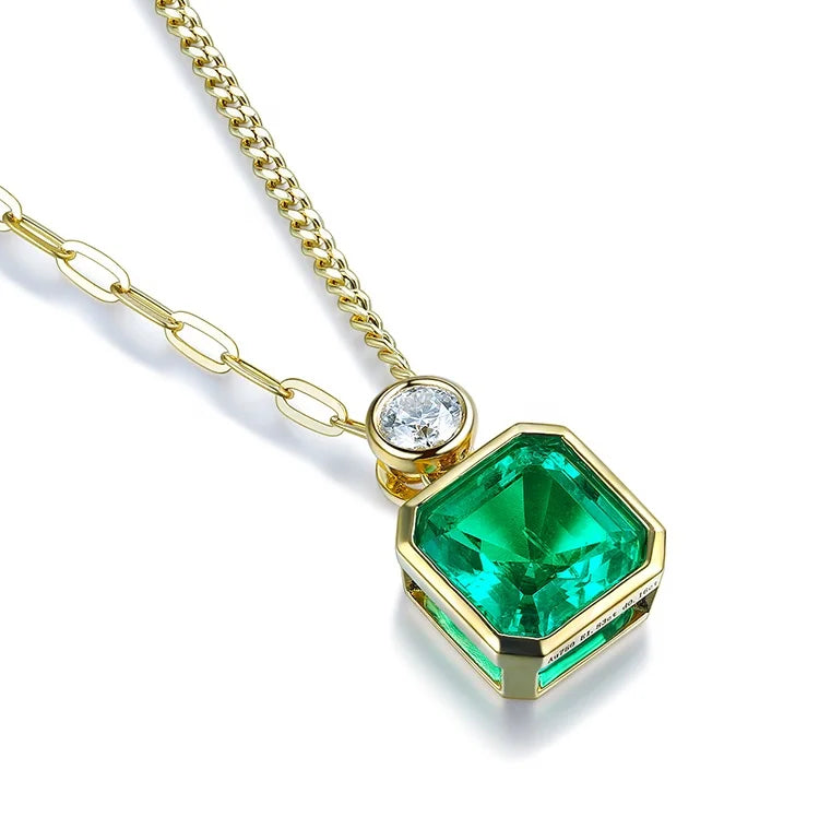 Gemfiori Classic Design Asscher Cut 18k Rose Gold Plated Lab Grown Emerald Pendant Necklace Colombia Green Engagement Wedding Party